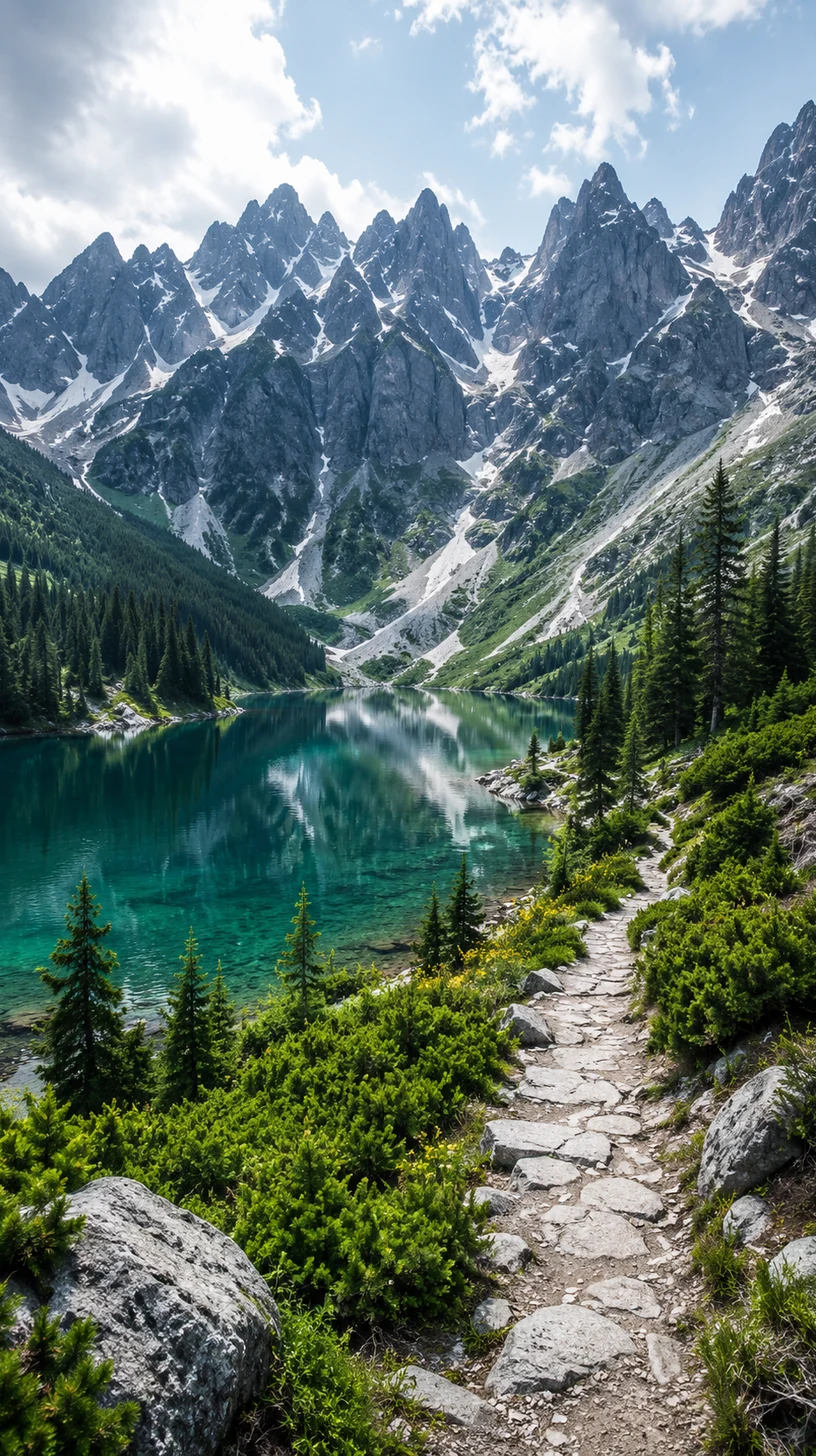 Vysoké Tatry so zelenými dolinami, modrým plesom a horským chodníkom